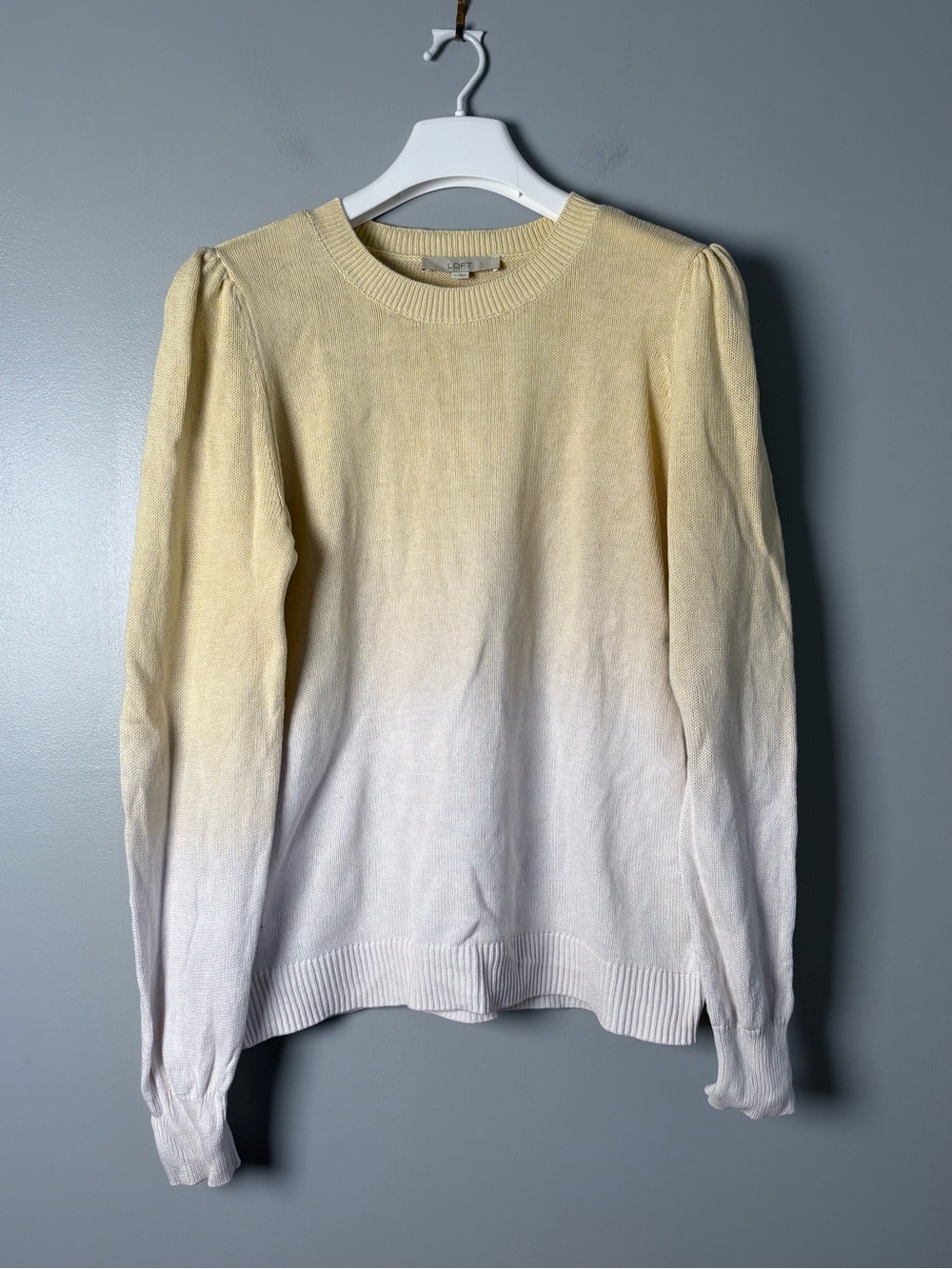 LOFT Womens Large Ombre Butter Yellow White Puff Sleeve Crewneck Knit Sweater